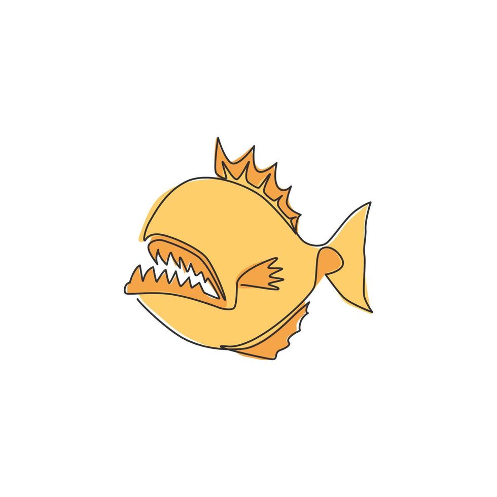 Single continuous line drawing of wild and fierce piranha for logo identity. Monster fish mascot concept for warning dangerous river sign icon. One line draw graphic design vector illustration