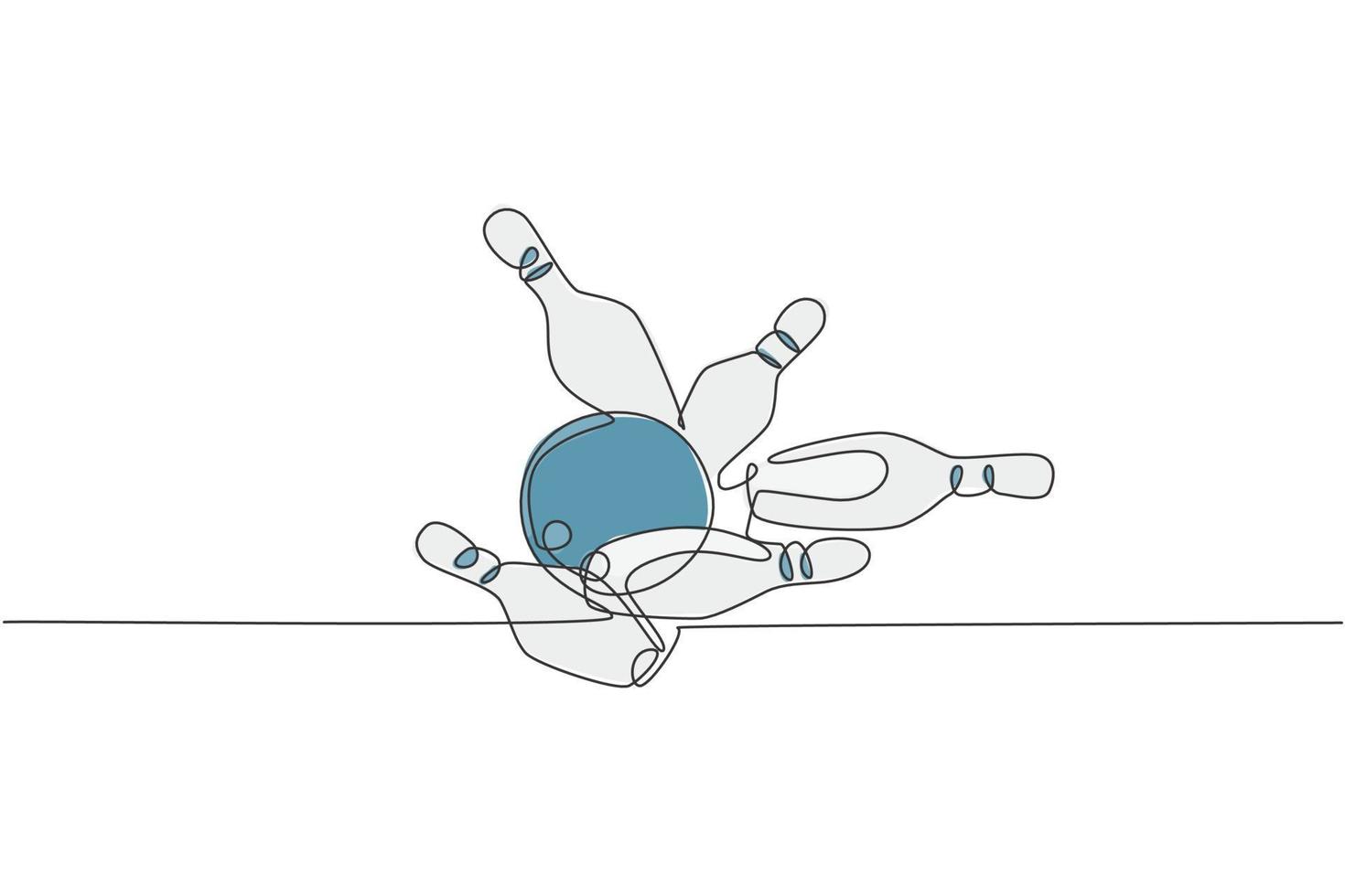 One single line drawing of bowling ball hit bowling pins to falling apart at alley lane graphic vector illustration. Leisure activity and game sport concept. Modern continuous line draw design