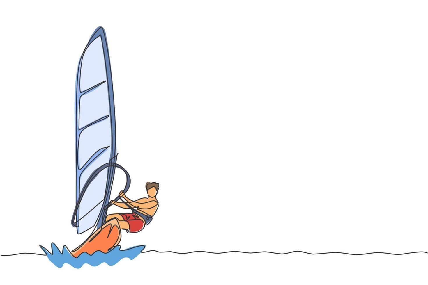 One continuous line drawing of young energetic man fun play windsurfing in the sea ocean. Healthy lifestyle sport concept. Happy tourist vacation. Dynamic single line draw design vector illustration