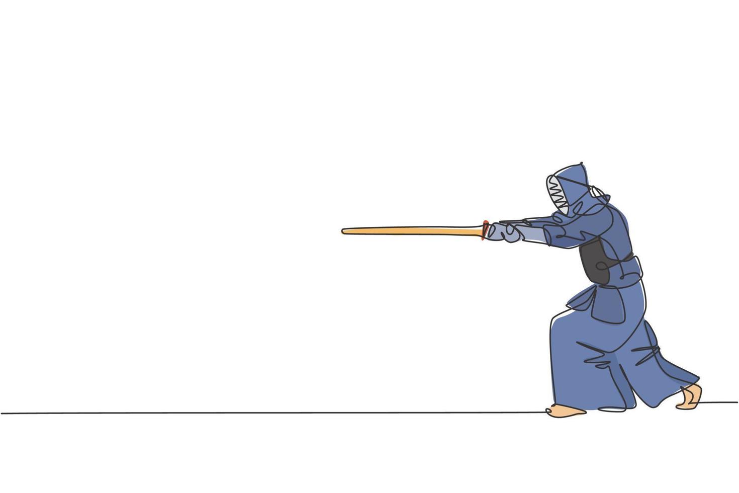 Single continuous line drawing of young sportive man practicing kendo attack with sword martial art skill on gym sport center. Fighting sport concept. Trendy one line draw design vector illustration