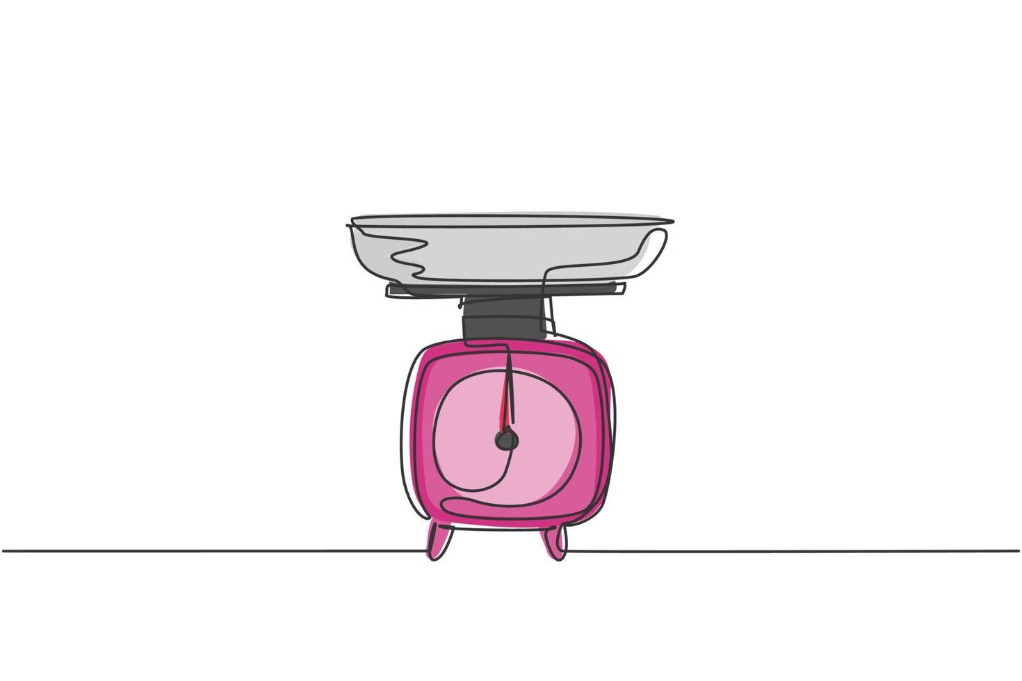 Single continuous line drawing of classic kitchen scale for scaling ingredients. Kitchenware home appliance concept. Modern one line draw design graphic vector illustration