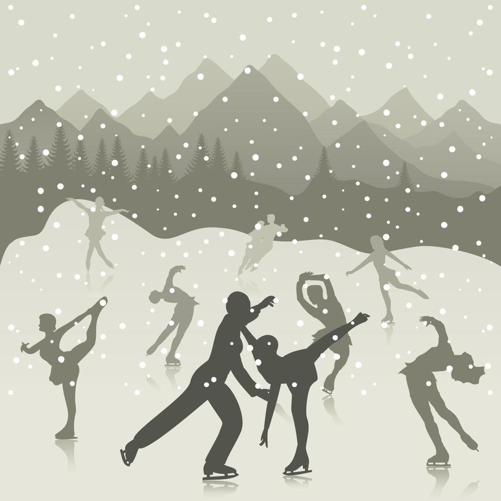 Figure skating on lake a skating rink. A vector illustration