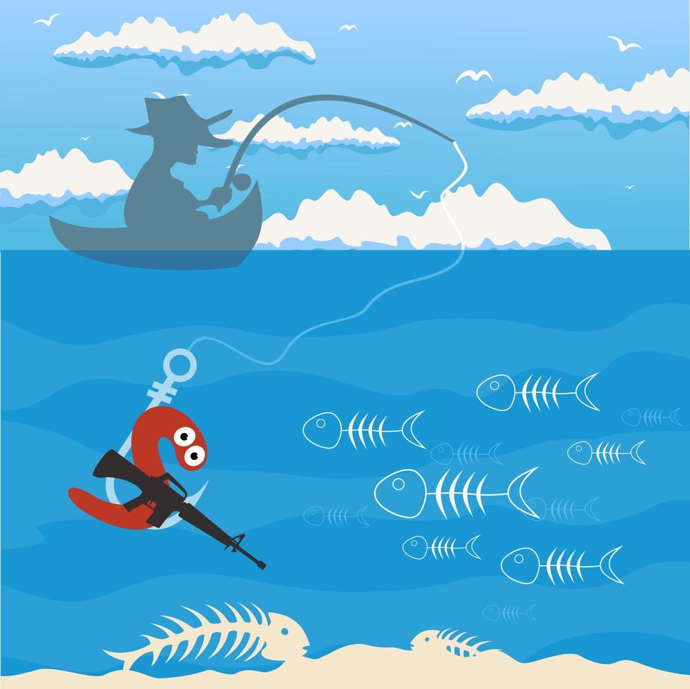 The man by a boat fishes. A vector illustration