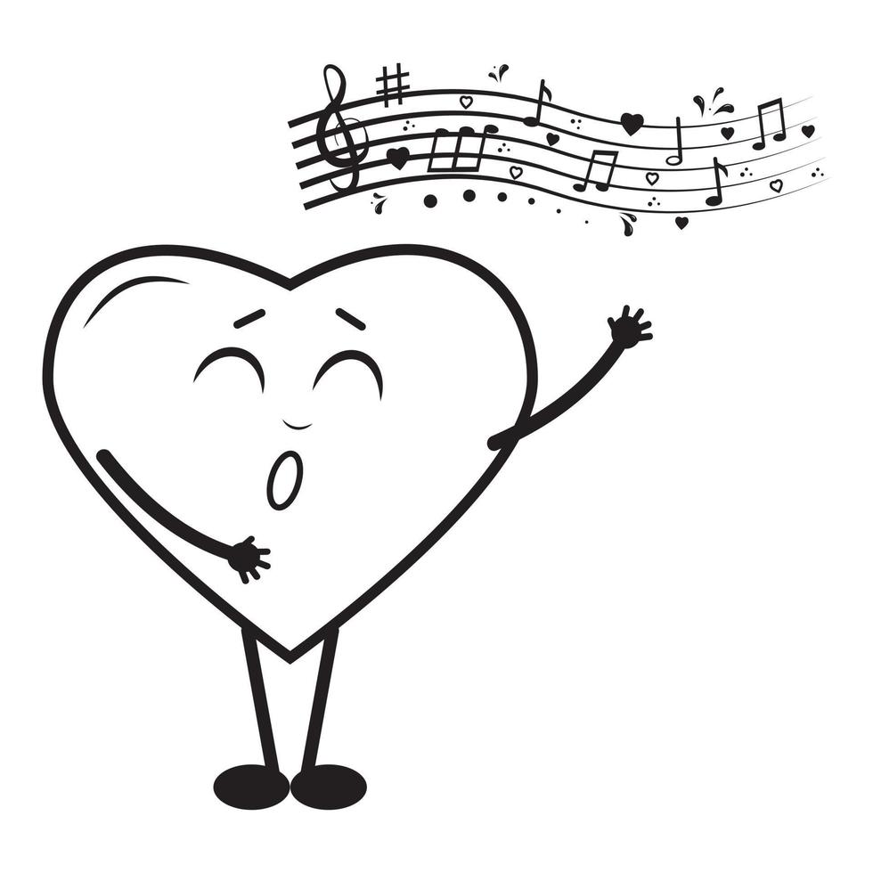 heart-shaped character sings songs, black outline, vector illustration in doodle style