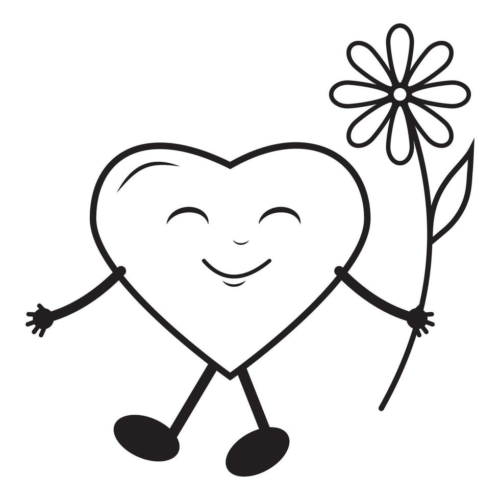 heart-shaped character with flower, black outline, vector illustration in doodle style