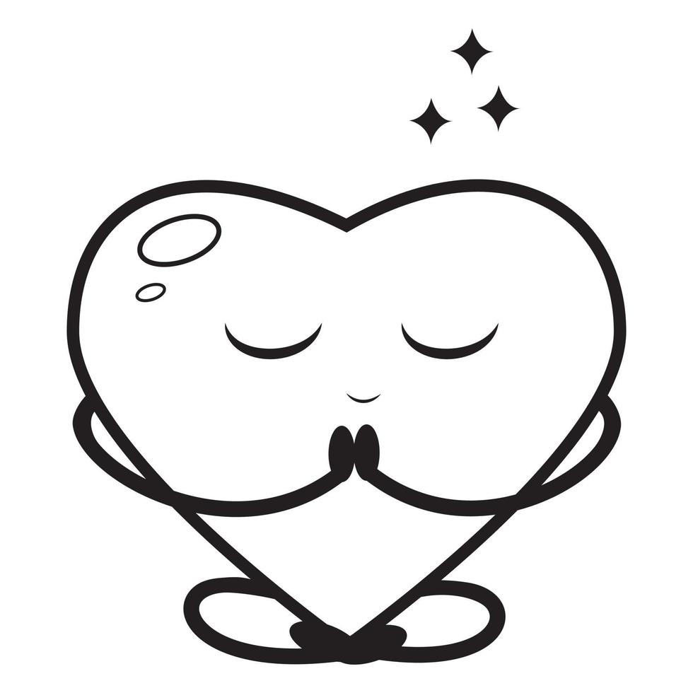 a heart-shaped character is sitting in a lotus pose, black outline, vector illustration in doodle style