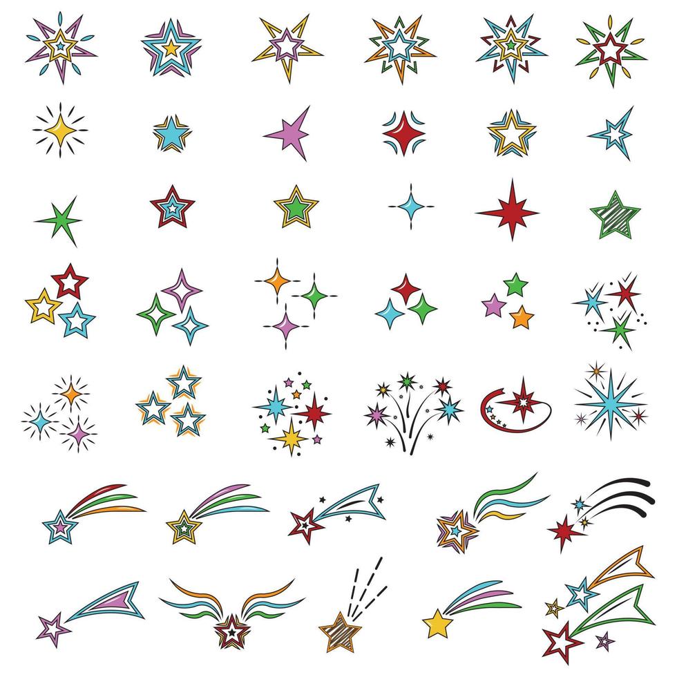 un conjunto de ilustraciones vectoriales coloridas de dibujos animados de estrellas, cometas, saludos, fuegos artificiales, aisladas en un fondo blanco. vector