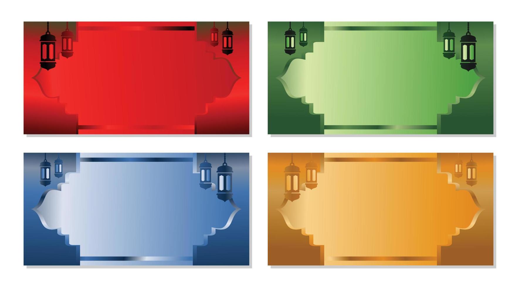 islámico rojo, verde, azul, oro tonos antecedentes con linterna ornamento, bandera y saludo tarjeta modelo. vector