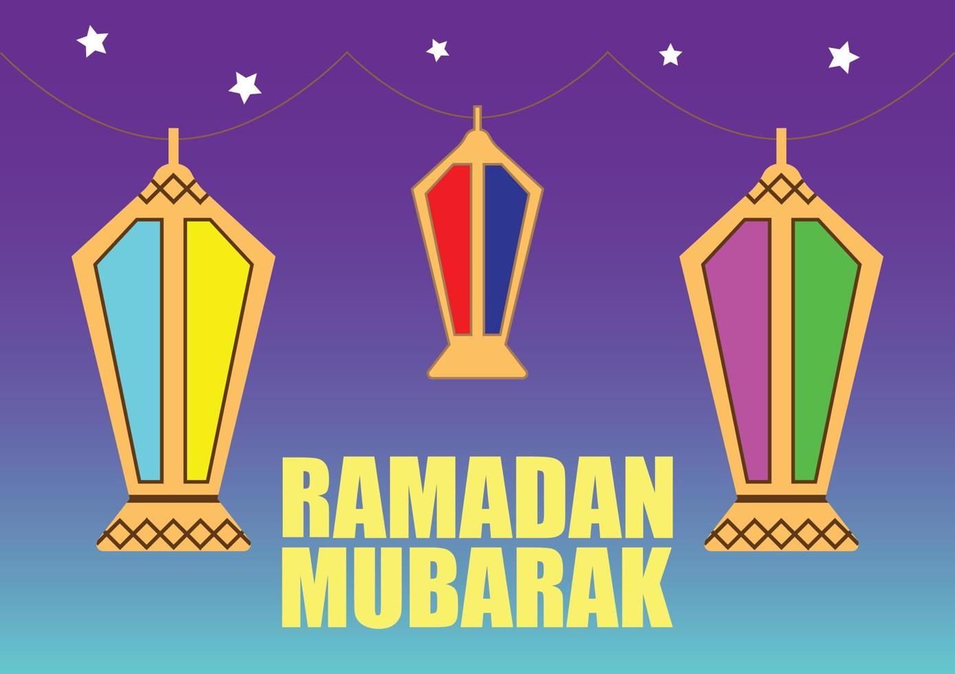 Ramadan Mubarak word and a cable holding lanterns and sunset and breaking the fast time with stars, Ramadan lamps, Ramadan lantern vector, Islamic occasion greeting vector