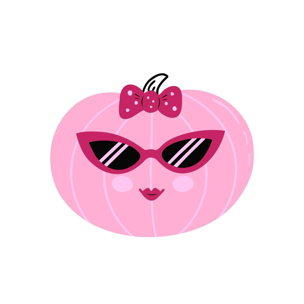 Pink pumpkin with sunglasses. Illustration for printing, backgrounds, covers and packaging. Image can be used for greeting cards, posters, stickers and textile. Isolated on white background. vector