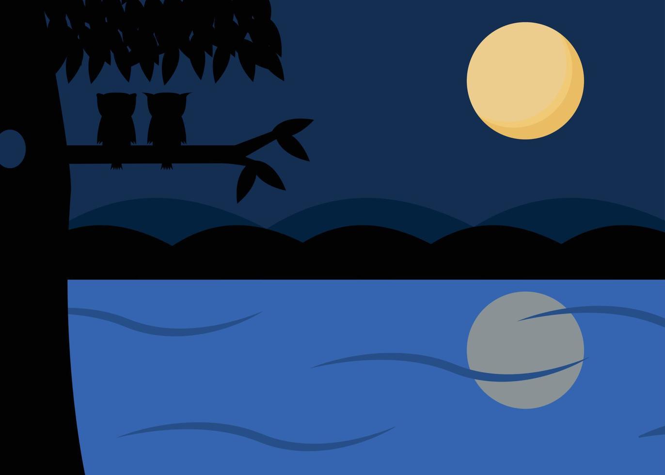 landscape illustration of a night seascape silhouette. owl courting in a tree. vector