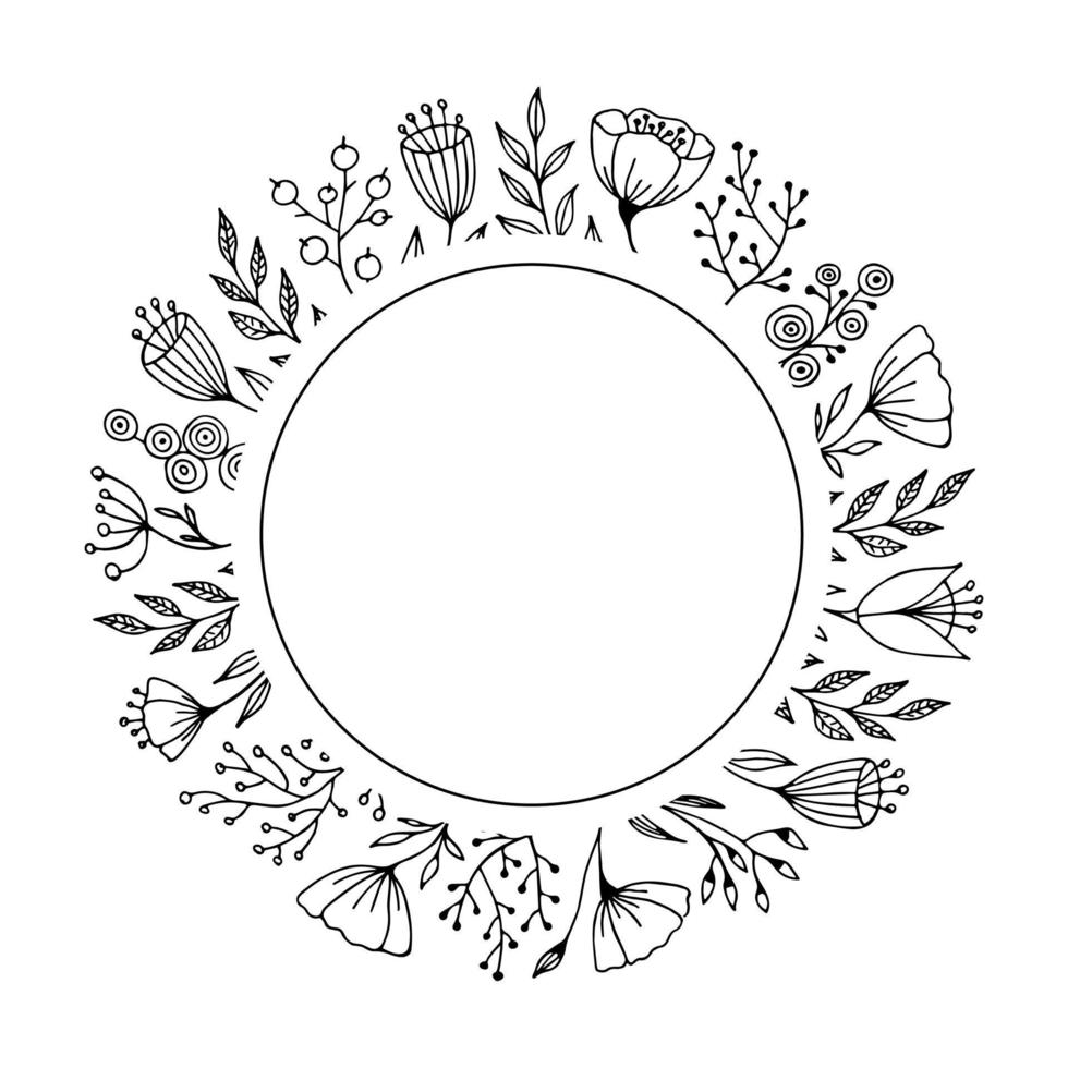 Frame round shape with doodle of flowers and herbs. Hand drawn monochrome vector illustration for greeting card and invitation.