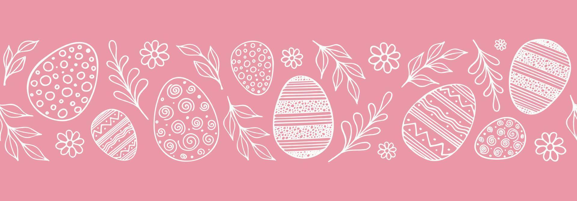 Seamless border with easter decorated eggs and leaves in white and pink colors. Vector doodle illustration.