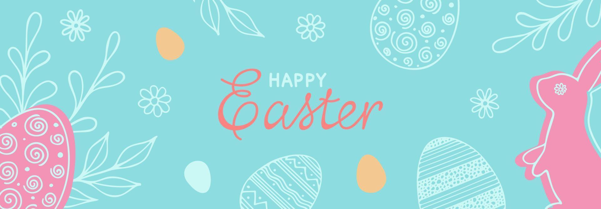 Happy Easter banner. Hand drawn vector illustration with rabbit, eggs, twigs, flowers and lettering for paty Easter design in pastel colors.
