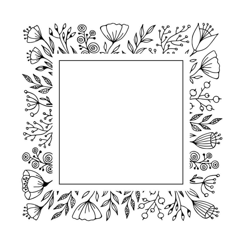 Square frame with doodle of flowers and herbs. Hand drawn monochrome vector illustration for greeting card and invitation.