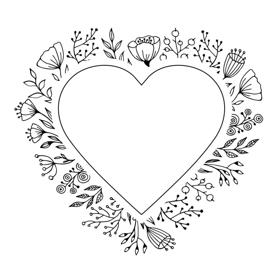 Frame heart shape with doodle of flowers and herbs. Hand drawn monochrome vector illustration for greeting card and invitation.