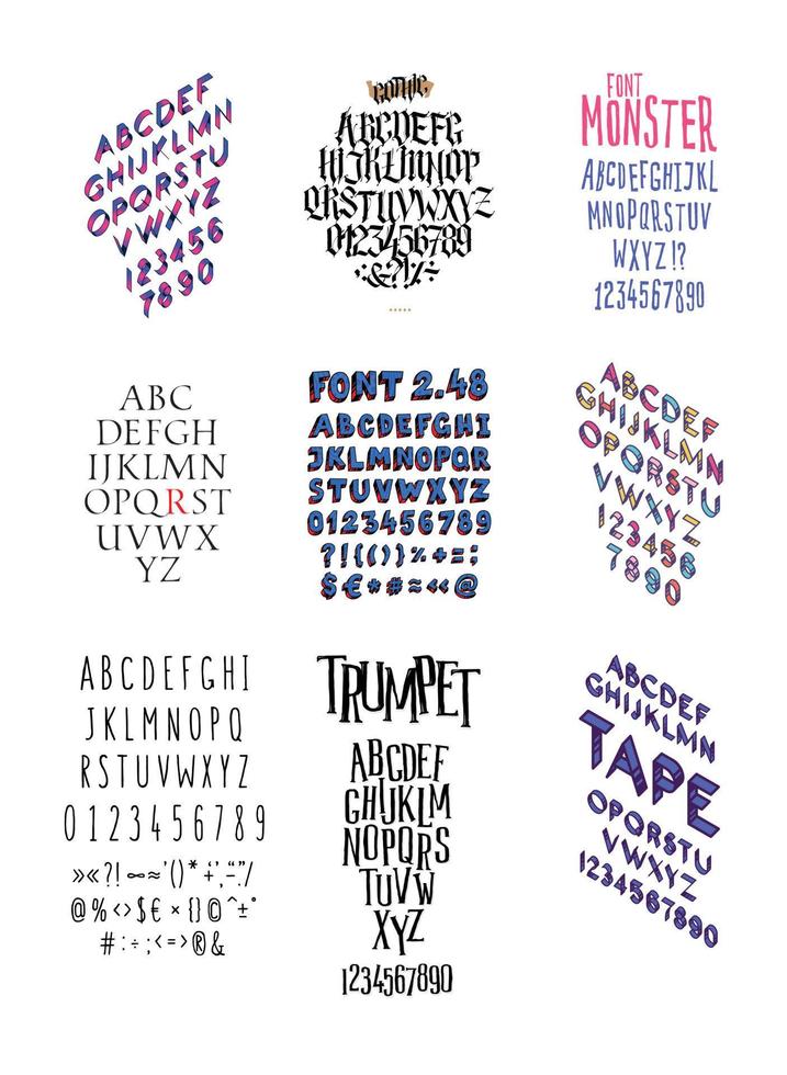 Set of different fashionable fonts. Vector. All letters and somvoly separately. Gothic. Flat and isometric font. vector