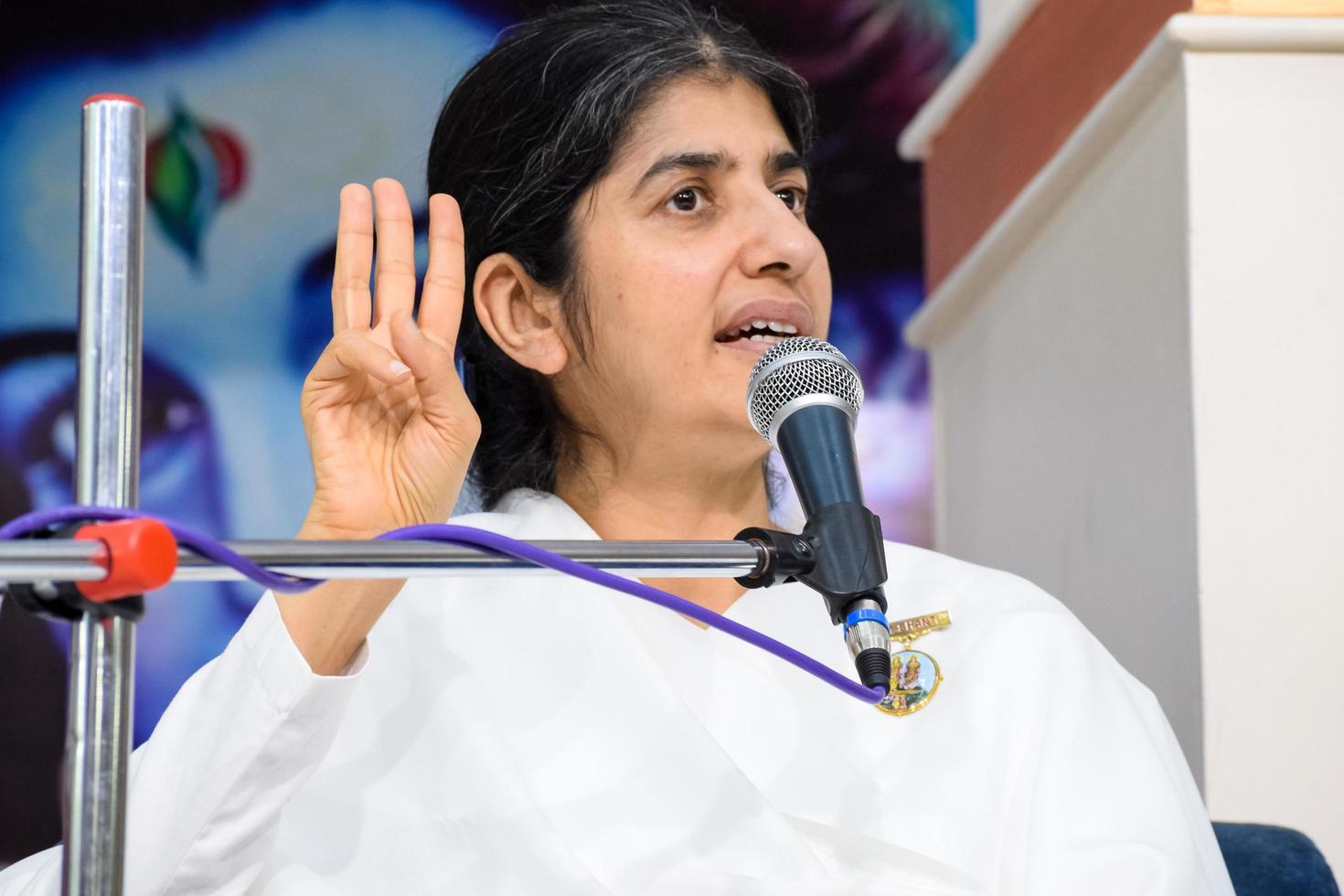 New Delhi, India, October 16 2022 - BK Shivani during meditation session, Shivani Verma, better known as BK Shivani, is a teacher in the Brahma Kumaris spiritual yoga and meditation movement of India photo