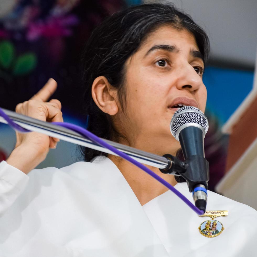 New Delhi, India, October 16 2022 - BK Shivani during meditation session, Shivani Verma, better known as BK Shivani, is a teacher in the Brahma Kumaris spiritual yoga and meditation movement of India photo