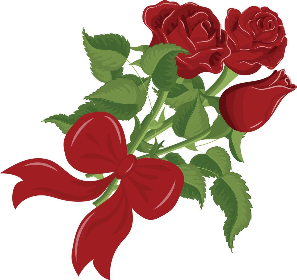 Bouquet of roses with red ribbon bow. Vector illustration isolated on white background.