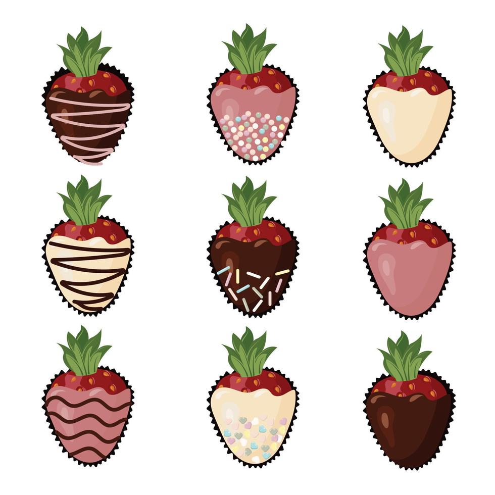 A set of strawberries in white, dark and fruit chocolate with stripes of chocolate icing and multi-colored sugar sprinkles. Vector illustration isolated on white background.