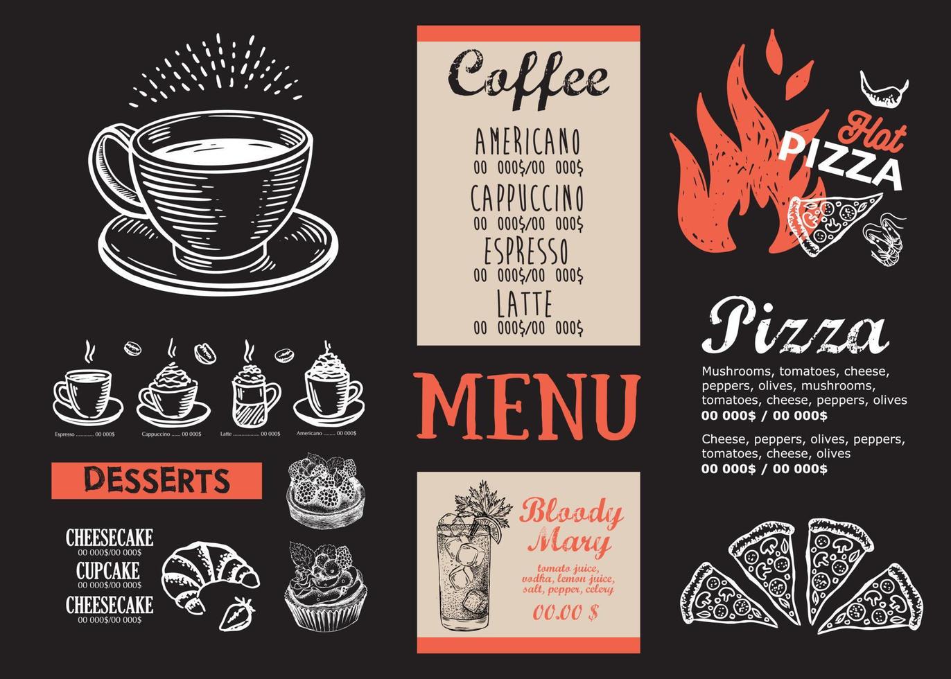 adobe ilustrador obra de artepizza comida menú, restaurante, cafetería, modelo diseño. mano dibujado ilustraciones, comida volantes. vector