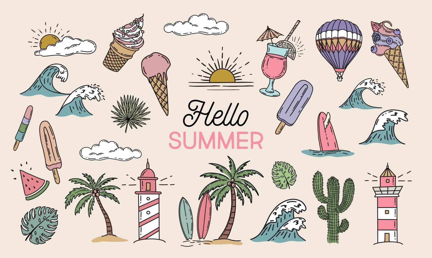 Summer icon set, hand drawn illustration. vector