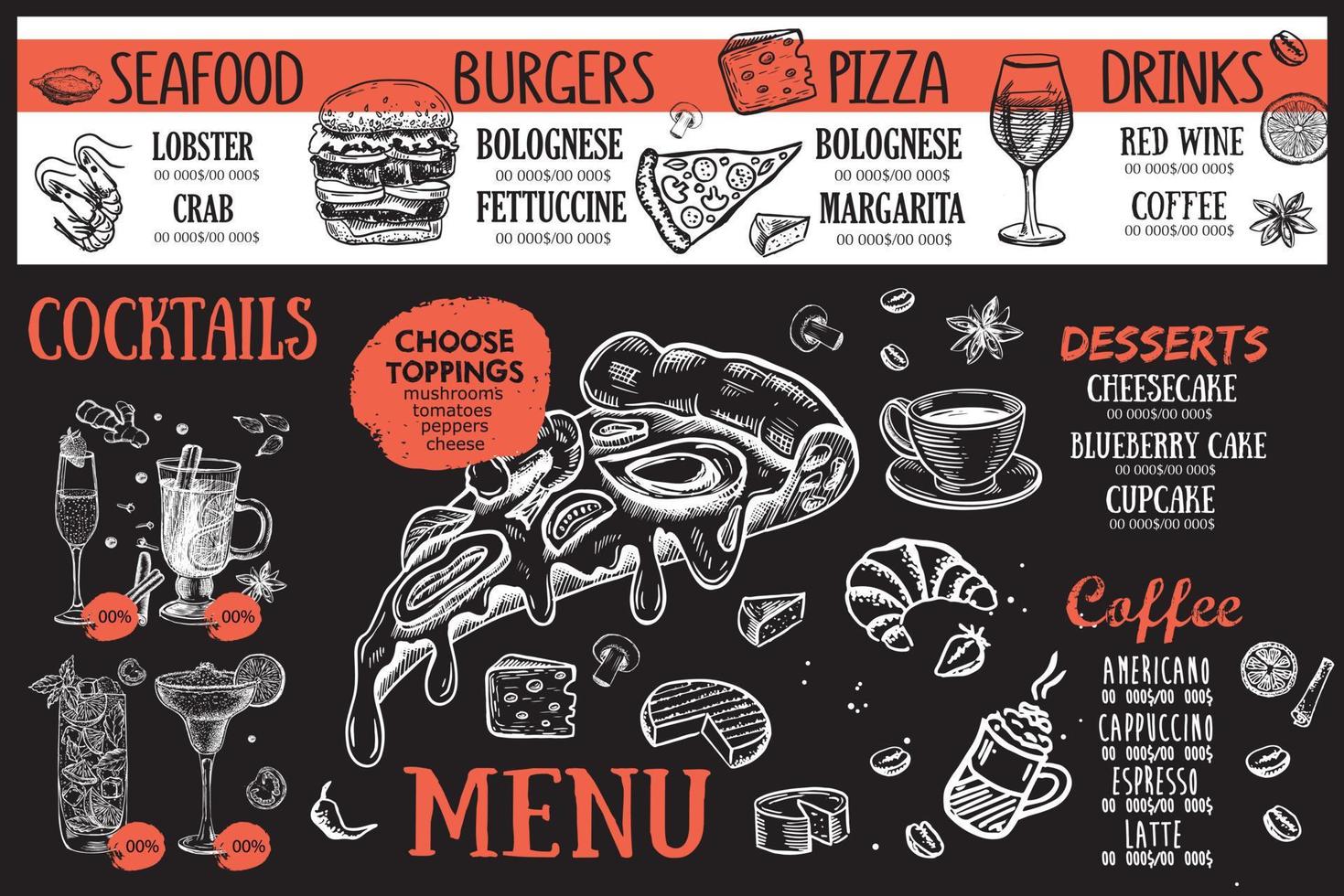 Adobe Illustrator ArtworkPizza food Menu, Restaurant, Cafe, template design. Hand drawn illustrations, Food flyer. vector