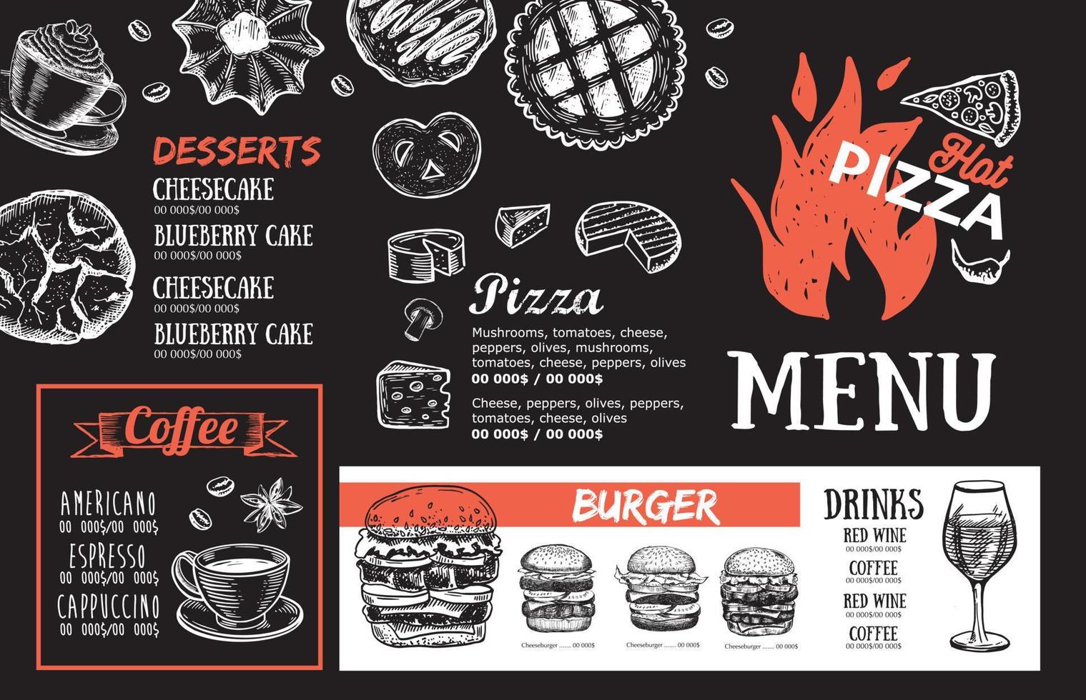 Adobe Illustrator ArtworkPizza food Menu, Restaurant, Cafe, template design. Hand drawn illustrations, Food flyer. vector
