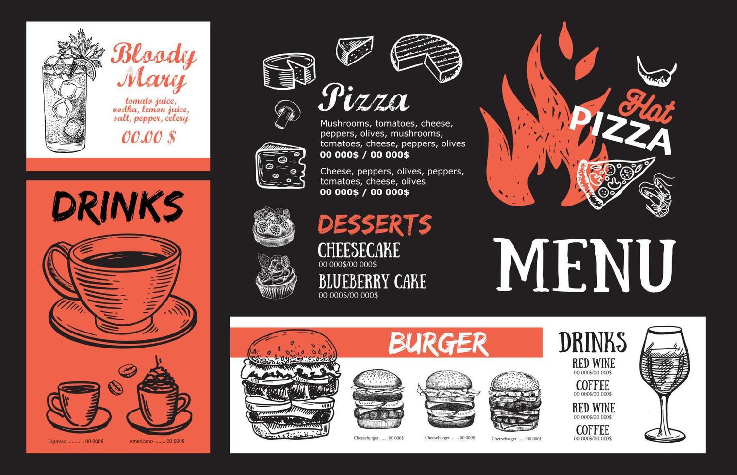 Adobe Illustrator ArtworkPizza food Menu, Restaurant, Cafe, template design. Hand drawn illustrations, Food flyer. vector