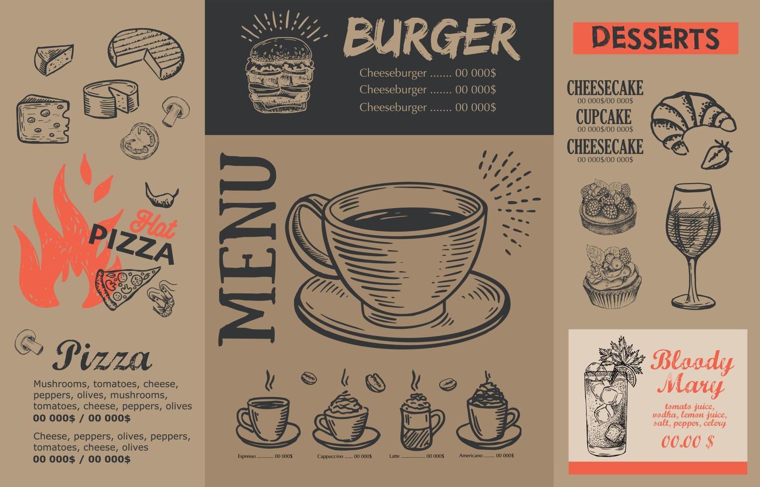 adobe ilustrador obra de artepizza comida menú, restaurante, cafetería, modelo diseño. mano dibujado ilustraciones, comida volantes. vector