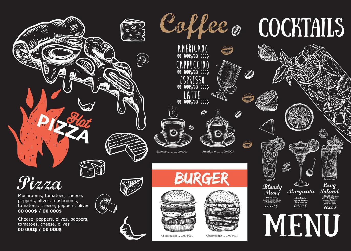Adobe Illustrator ArtworkPizza food Menu, Restaurant, Cafe, template design. Hand drawn illustrations, Food flyer. vector