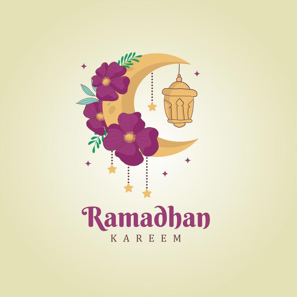 Flowers and moon with lantern ramadan kareem greeting vector