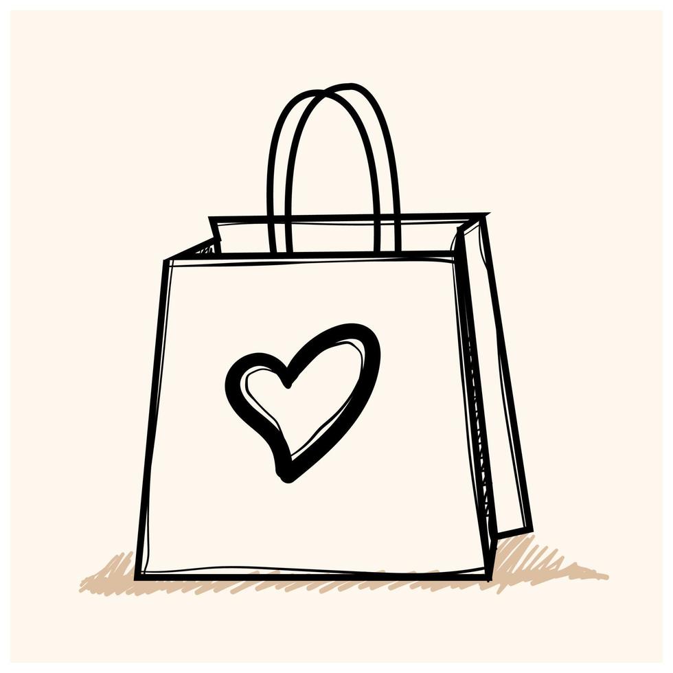 Vector illustration with shopping bag icon isolated on white background. Concept in doodle hand drawn style.