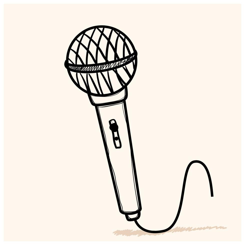 Microphone with wire isolated on white background. Musical item for singing, performances, karaoke. Vector hand-drawn illustration in doodle style. Perfect for cards, decorations, logo.