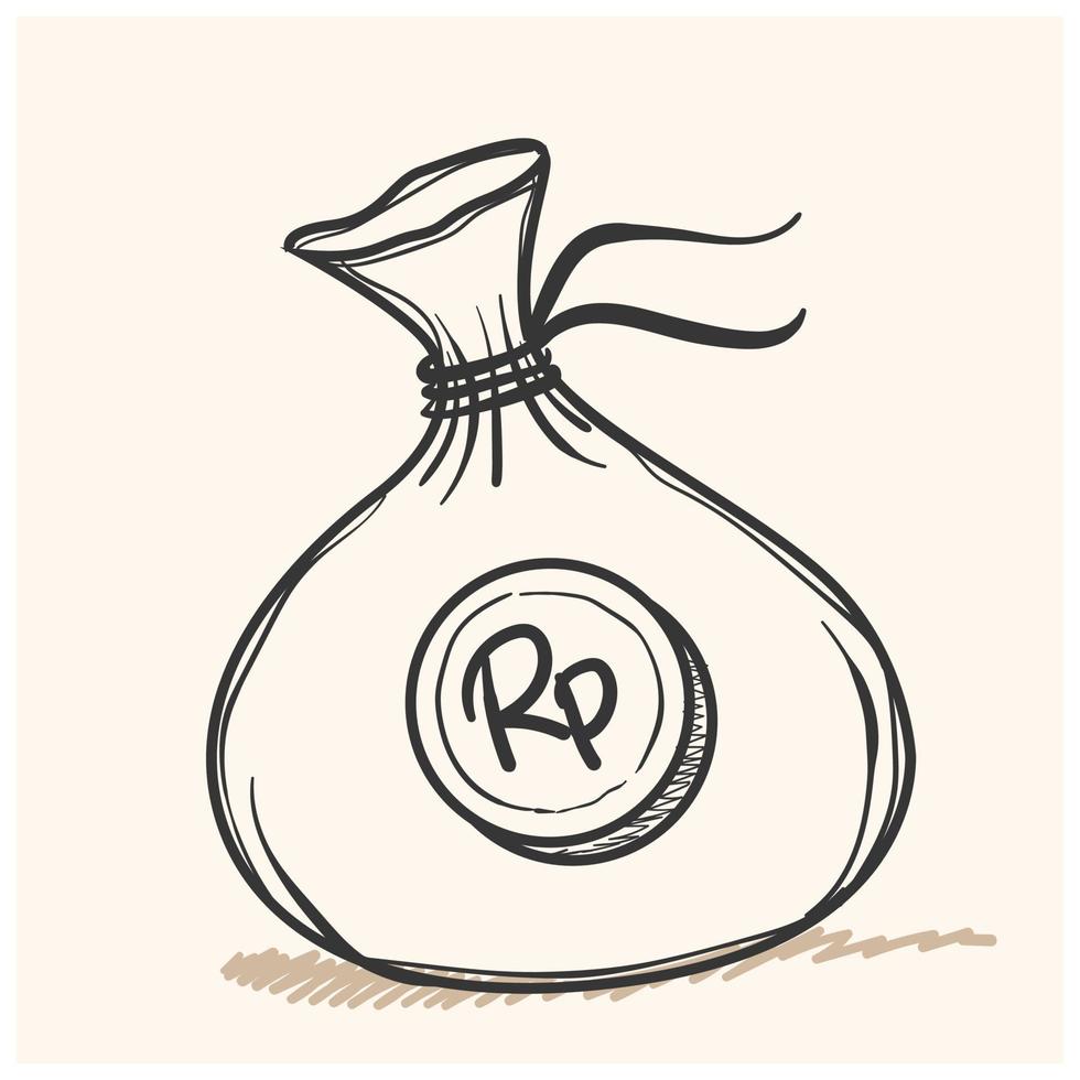 Hand drawn money bag element. Doodle sketch style. Drawing line simple money bag icon. Isolated vector illustration.