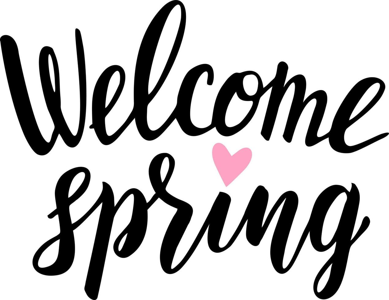 Hand drawn lettering welcome spring card with decorative floral frame, vector illustration. Modern calligraphy brush.