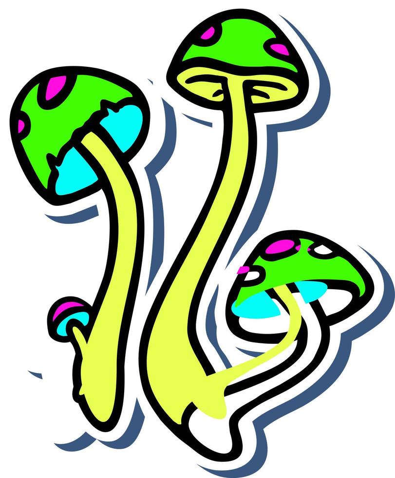 Neon mushrooms sticker. Neon glowing toadstool group. Psychedelic hipster element. Fairytale fungi plant with hallucinogen effect single sticker, clipart. vector