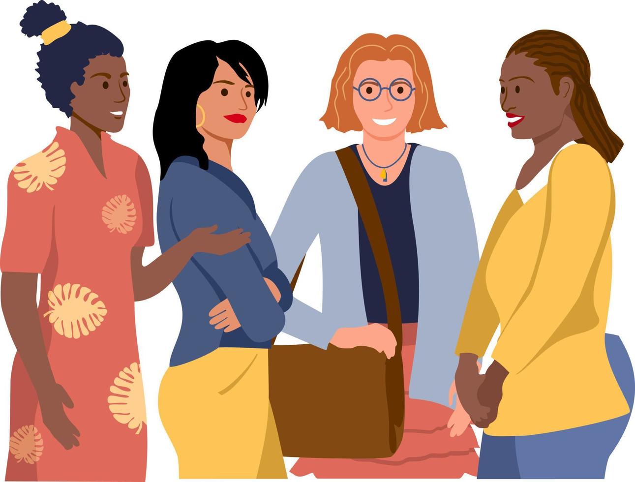Group of girls of different nationalities. Women stand together. Diverse cultures, international communication concept. Native speaker, friendly women cartoon characters. vector