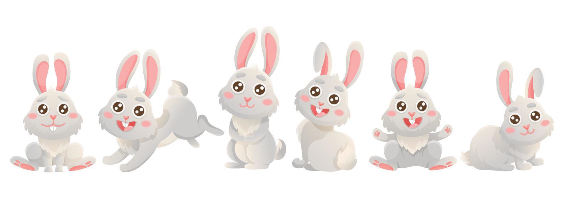 Cartoon big set of cute bunnies. Banner with vector illustrations. Vector grey bunny is sitting, jumping in cute poses