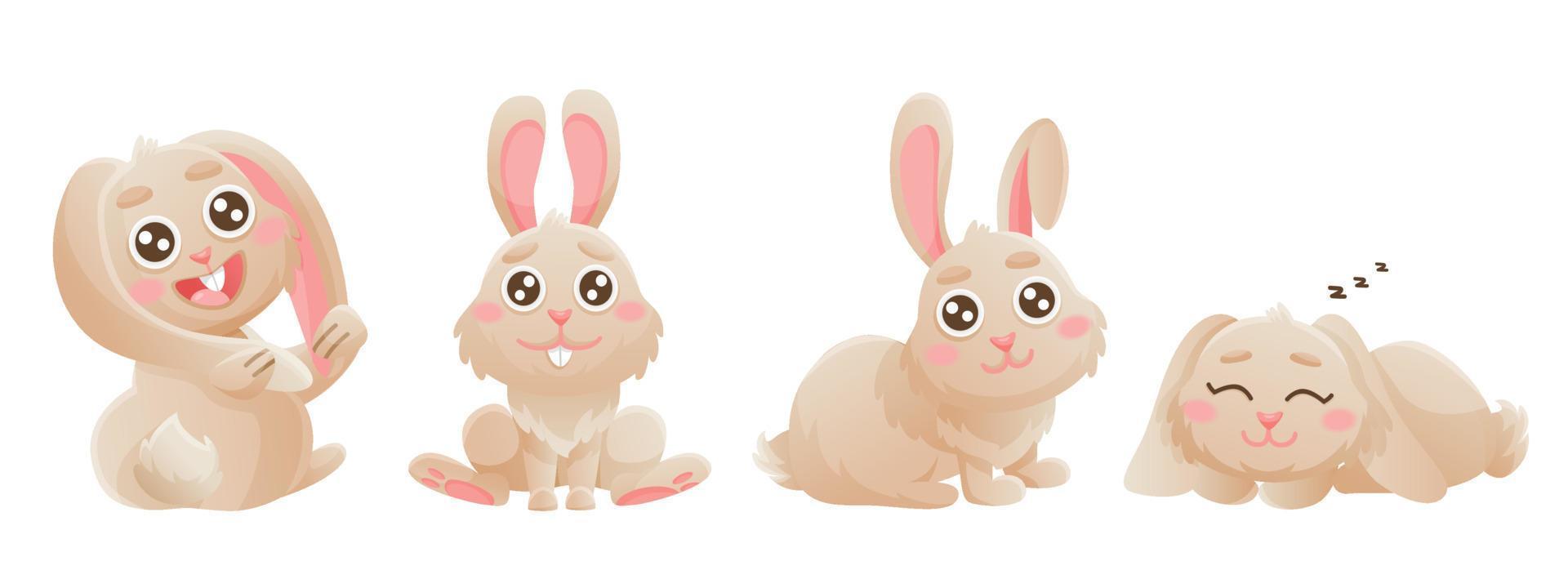 Cartoon set of cute bunnies. Banner with vector illustrations. Vector brown bunny is sitting, sleeping in cute poses. Animal wildlife cartoon
