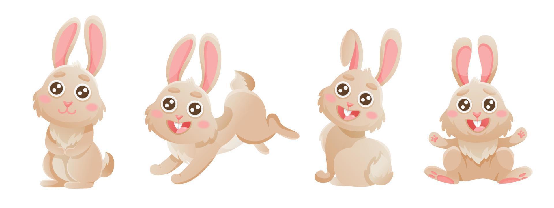 Cartoon set of cute bunnies. Banner with vector illustrations. Vector brown bunny is sitting, jumping, greeting in cute poses. Animal wildlife cartoon