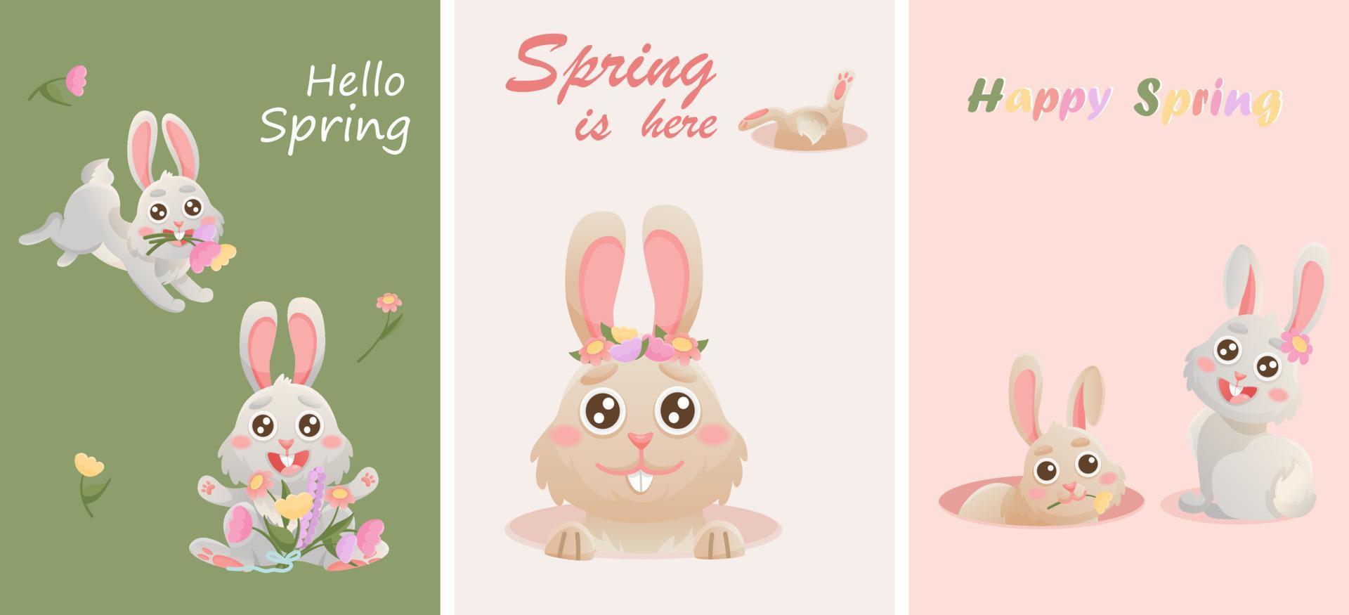 Spring greeting cards with cute bunny, flowers. Vector rabbit character set. Animal wildlife holidays cartoon. Holiday decent vector character