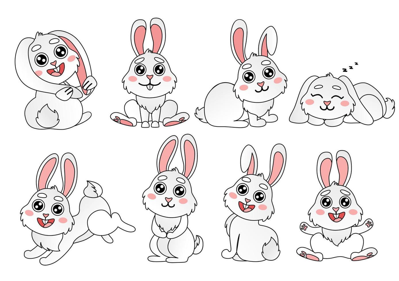 Cartoon set of cute bunnies. Banner with vector illustrations. Vector doodle bunny is sitting, jumping, greeting in cute poses. Animal wildlife cartoon
