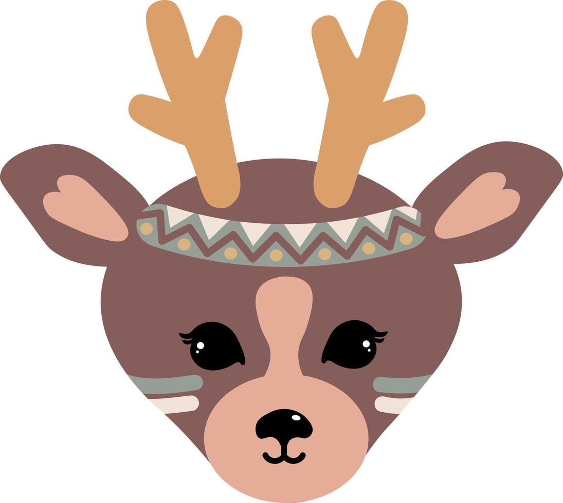 Deer face with feather headband, poster for kids room, greeting cards, kids and baby clothes. Isolated vector. vector