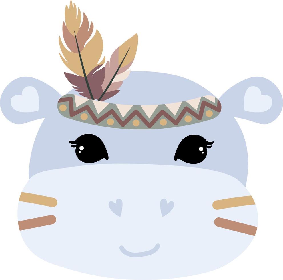 Hippopotamus face with feather headband, poster for kids room, greeting cards, kids and baby clothes. Isolated vector. vector
