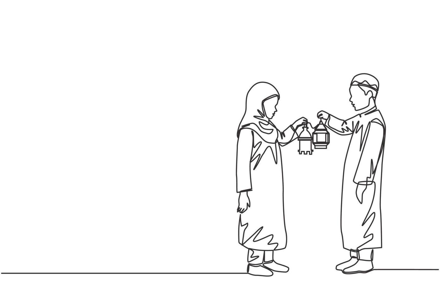 Ramadan Kareem greeting card, poster and banner design background. Single continuous line drawing of two young muslim Islamic boy and girl holding lantern lamp. one line draw vector illustration