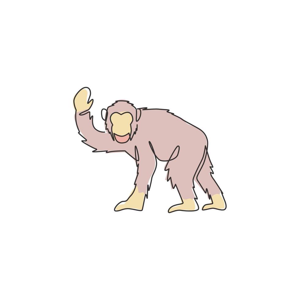 Single continuous line drawing of cute jumping chimpanzee for national zoo logo identity. Adorable primate animal mascot concept for circus show icon. One line graphic draw design vector illustration
