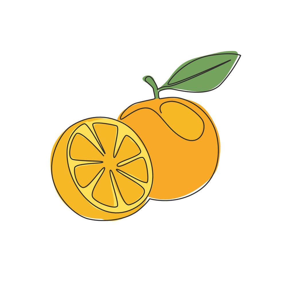 Single continuous line drawing of sliced and whole healthy organic orange for orchard logo identity. Fresh summer fruitage concept for fruit juice icon. Modern one line draw design vector illustration