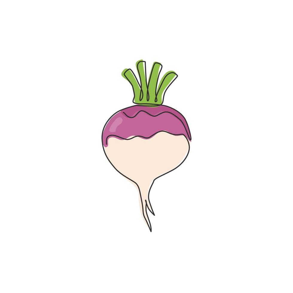 Single continuous line drawing of whole healthy organic white turnip for plantation logo identity. Fresh veggie concept for root vegetable icon. Modern one line draw design vector graphic illustration